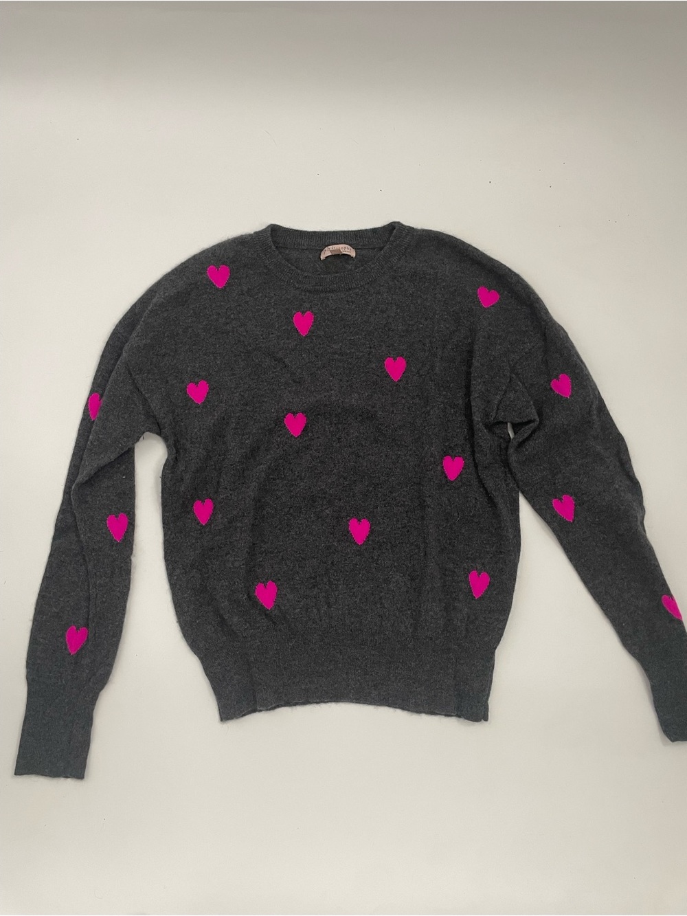 Philosophy Cashmere Charcoal Crewneck Sweater with Hot Pink Heart Motif